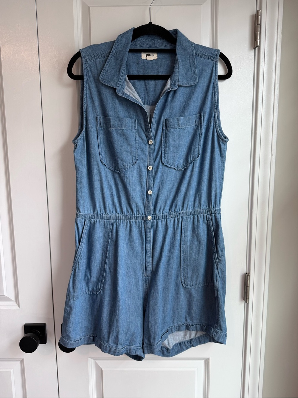 Pact Denim Chambray Sleeveless Romper Organic Cotton Size Medium